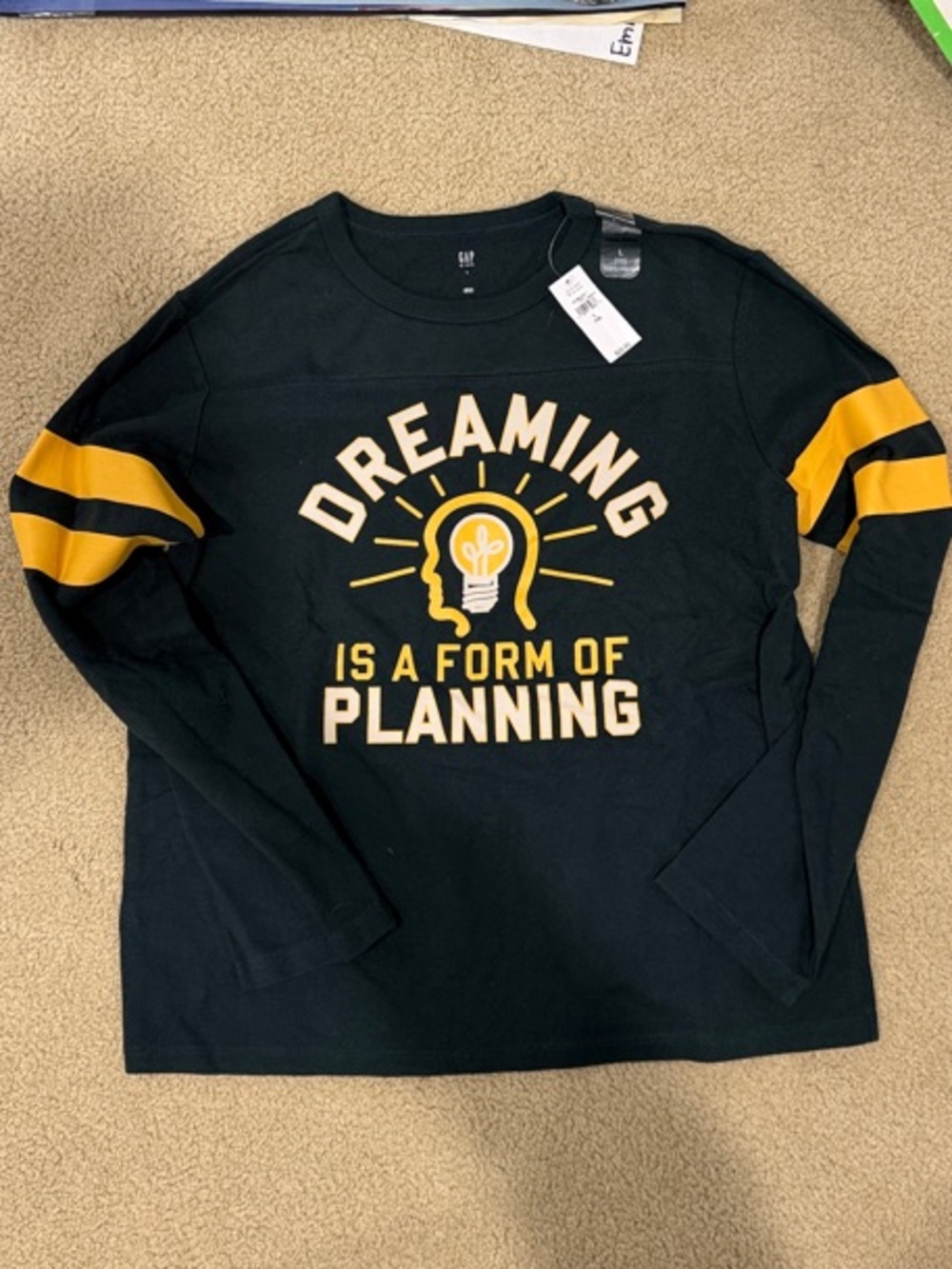 GAP Long Sleeve Tee with Yellow Graphic & Sleeve Stripes